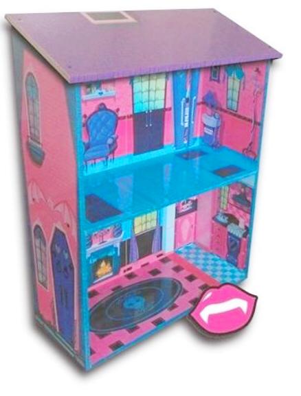 casa de muñecas de madera con ilustracion (monster house)