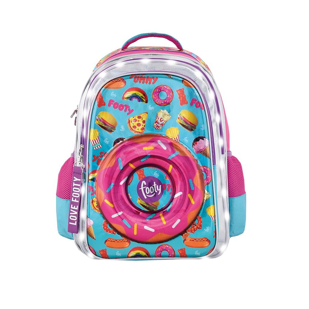 Mochila Footy Espalda 18" c/luz Led (violeta y celeste) / Fila 16 arriba