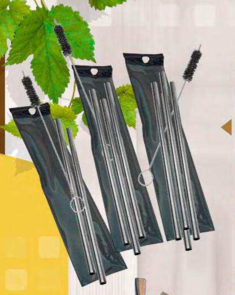 Sorbetes rectos X2 de acero inoxidable reutilizable. c/cepillo limpiador 