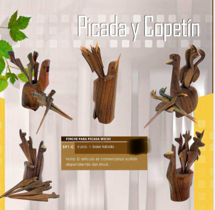 Pinche p/ picada wichi, 6 pcs. + base tallada 