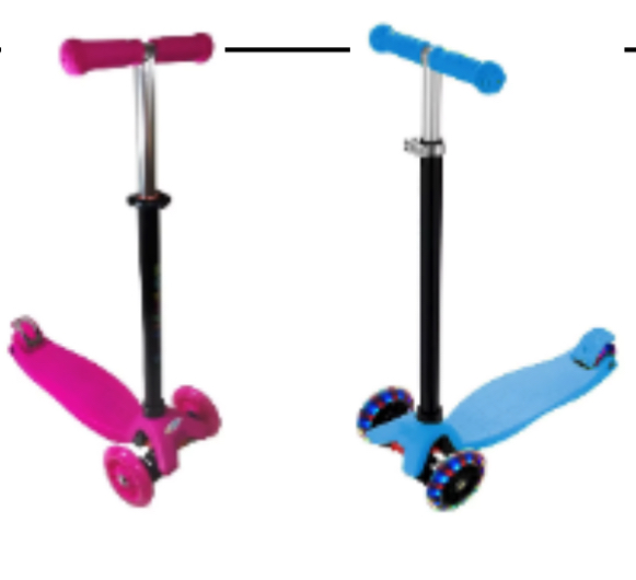 Monopatin 3 ruedas, barra ajustable aluminio, deck plastico, rueda delantera PU de 12 cm con luces y rueda trasera de 8cm, CM: 50kg, medidas: 57x23,5x86cm, deck: 55x13.5 cm