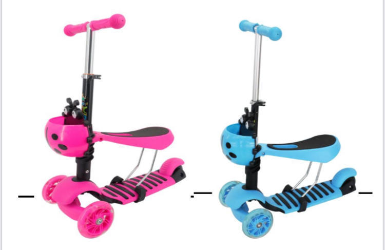 Monopatin de 3 ruedas, barra de acero ajustable, deck de plastico, ruedas delanteras de PU de 12 cm con luces y rueda trasera de 9 cm. CM: 50KG,  tamaño: 53x25x75 cm, tamaño del deck: 59x13 cm